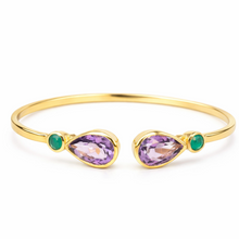 Cargar imagen en el visor de la galería, pulsera luna amatista por Bechi Ulivi Jewels
Esclava bañada en oro con lagrimas de amatista y circulares de ónix verde diseñado por Bechi Ulivi Jewels